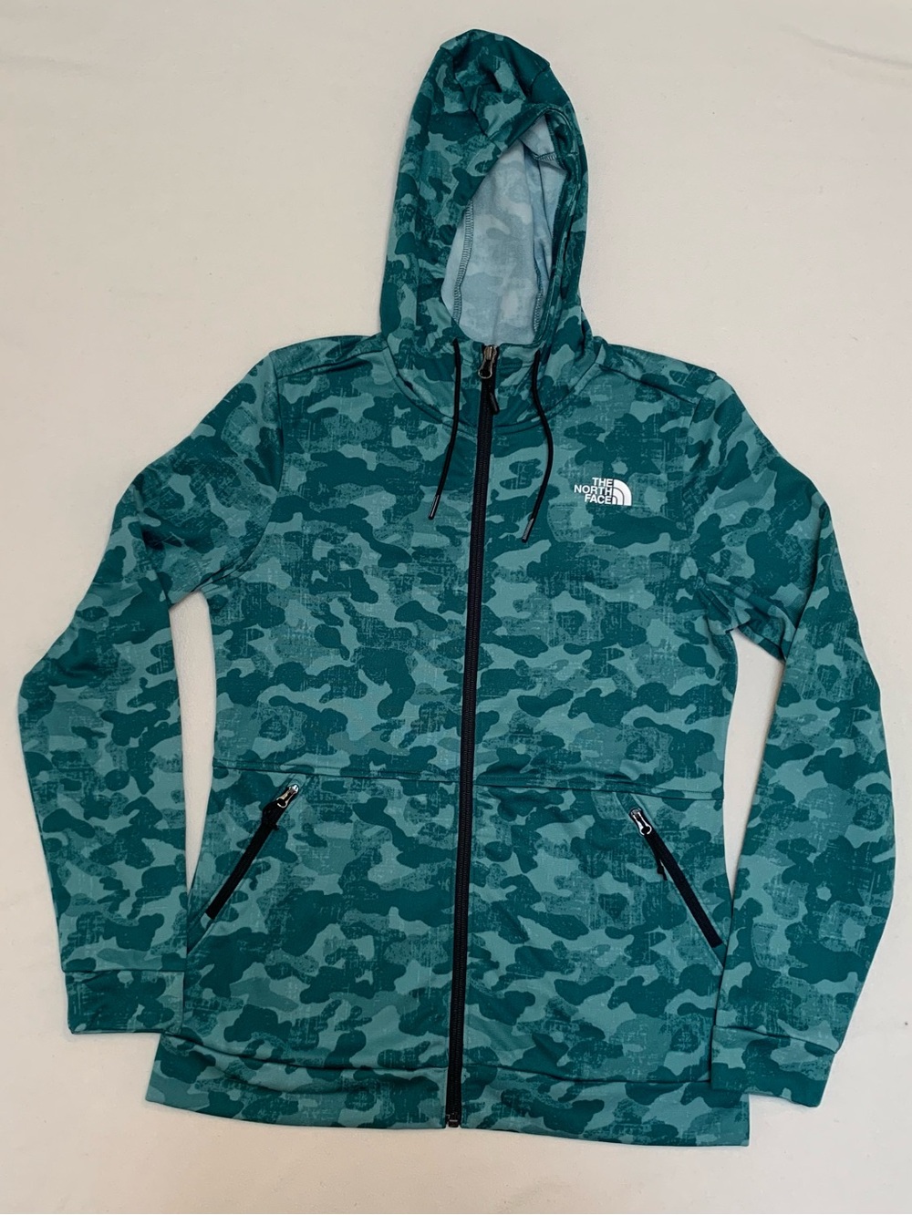 The North Face Teal Camouflage Full-Zip Hooded Jacket, Sz S